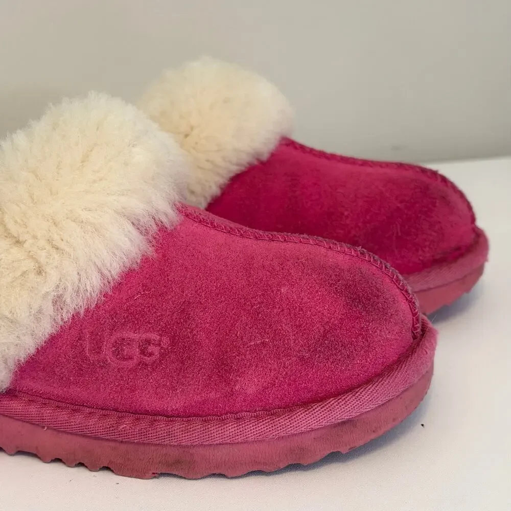 UGG Cozy II Suede Slippers Kids 3 Pink Shearling Fur Lining Winter Warm 1019065K